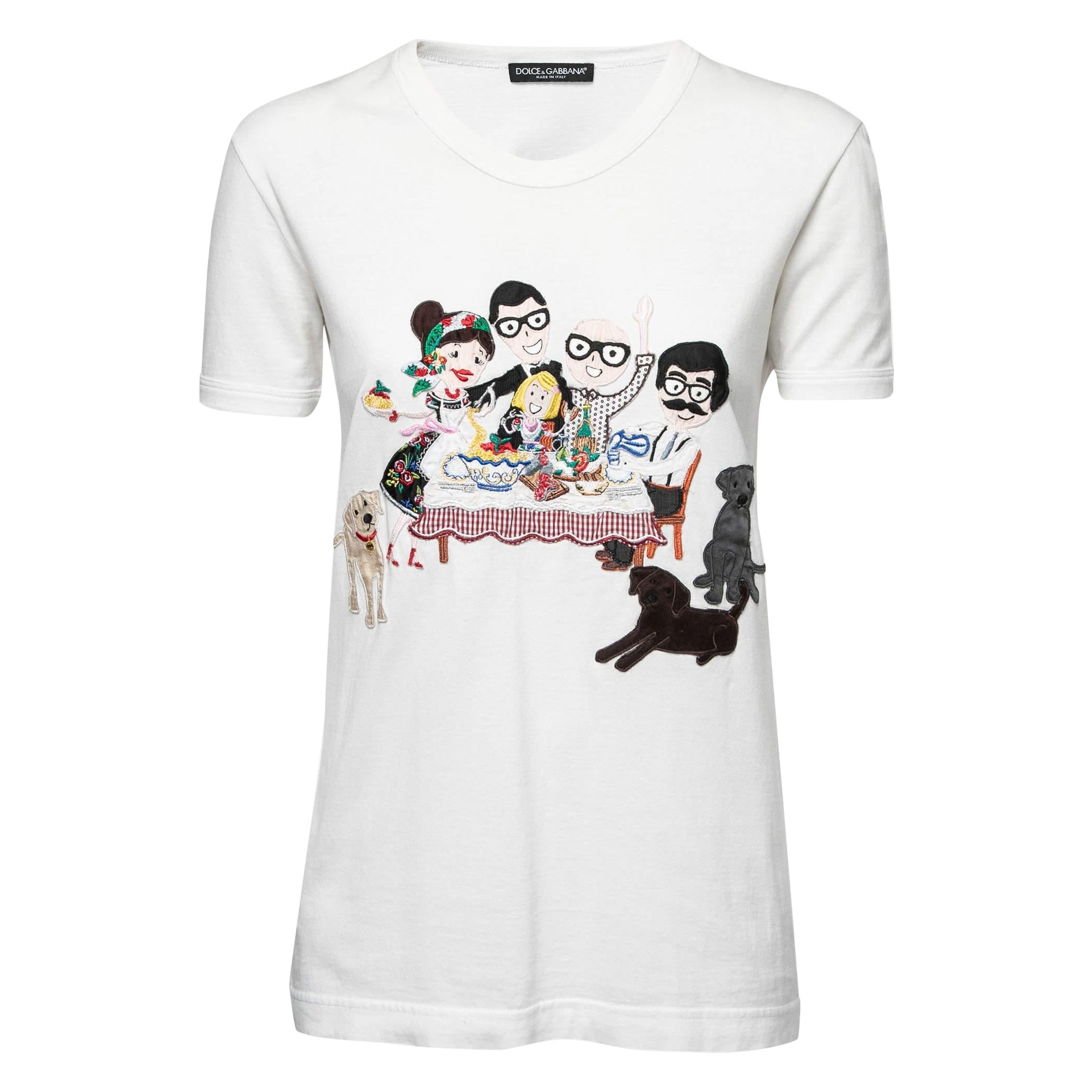 Dolce & Gabbana White Cotton Family Patched T-Shirt XS For Sale