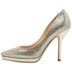Jimmy Choo Silver Glitter and Leather Platform Pumps Size 37.5