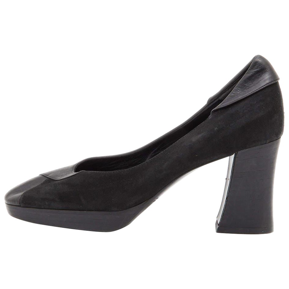 Escarpins à talon bloc en cuir et daim noir de Celine Taille 35.5