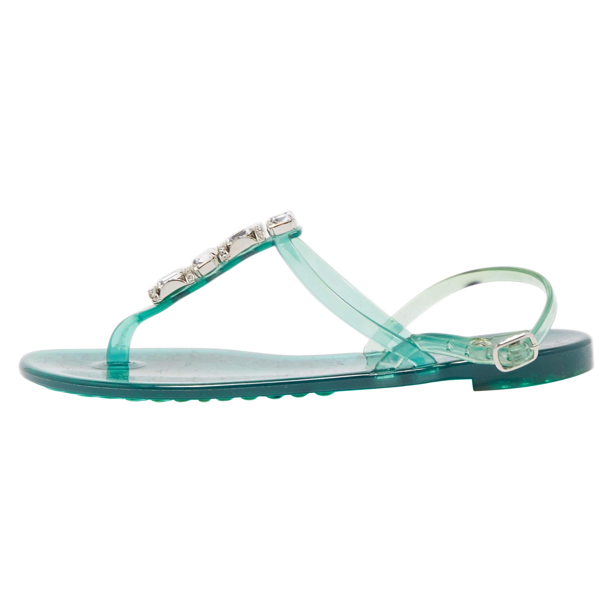 Casadei Green Rubber Slingback Flat Sandals Size 37 For Sale
