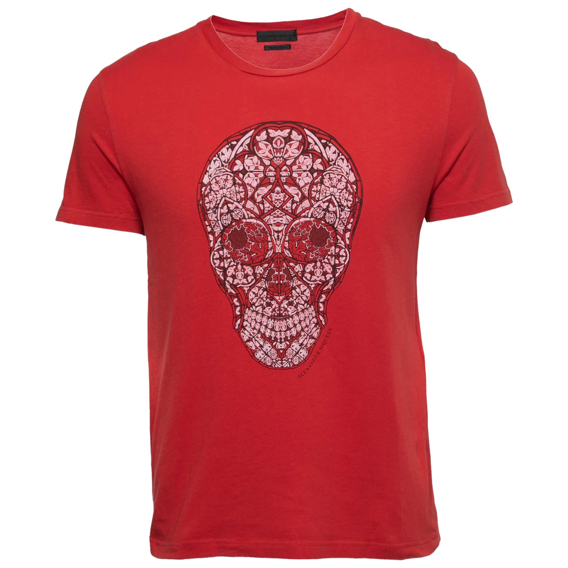 Alexander McQueen Red Ornamental Skull Print Cotton T-Shirt S For Sale
