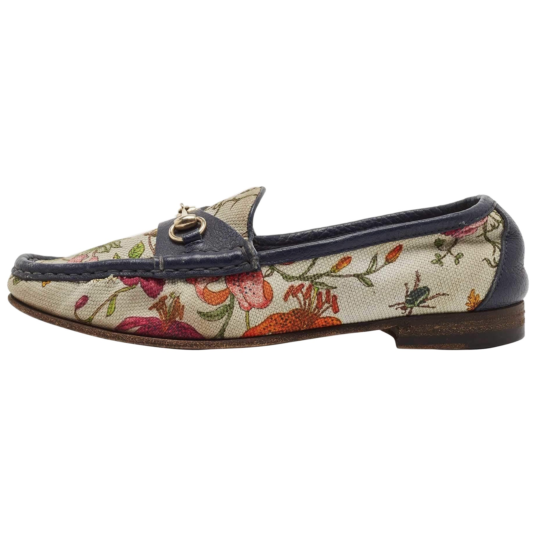 Gucci Blue/White Leather & Floral Print Canvas 1953 Horsebit Loafers Size 36 For Sale