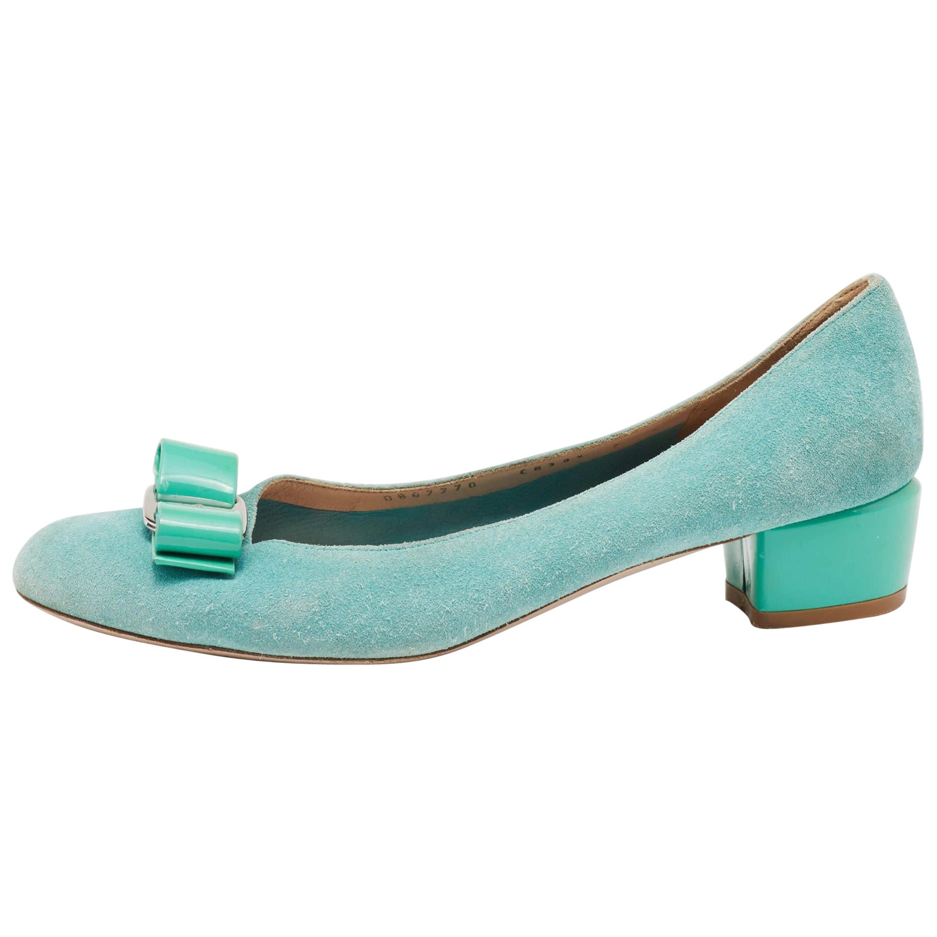 Salvatore Ferragamo Blue Suede and Patent Bow Varina Ballet Flats Size 37.5 For Sale