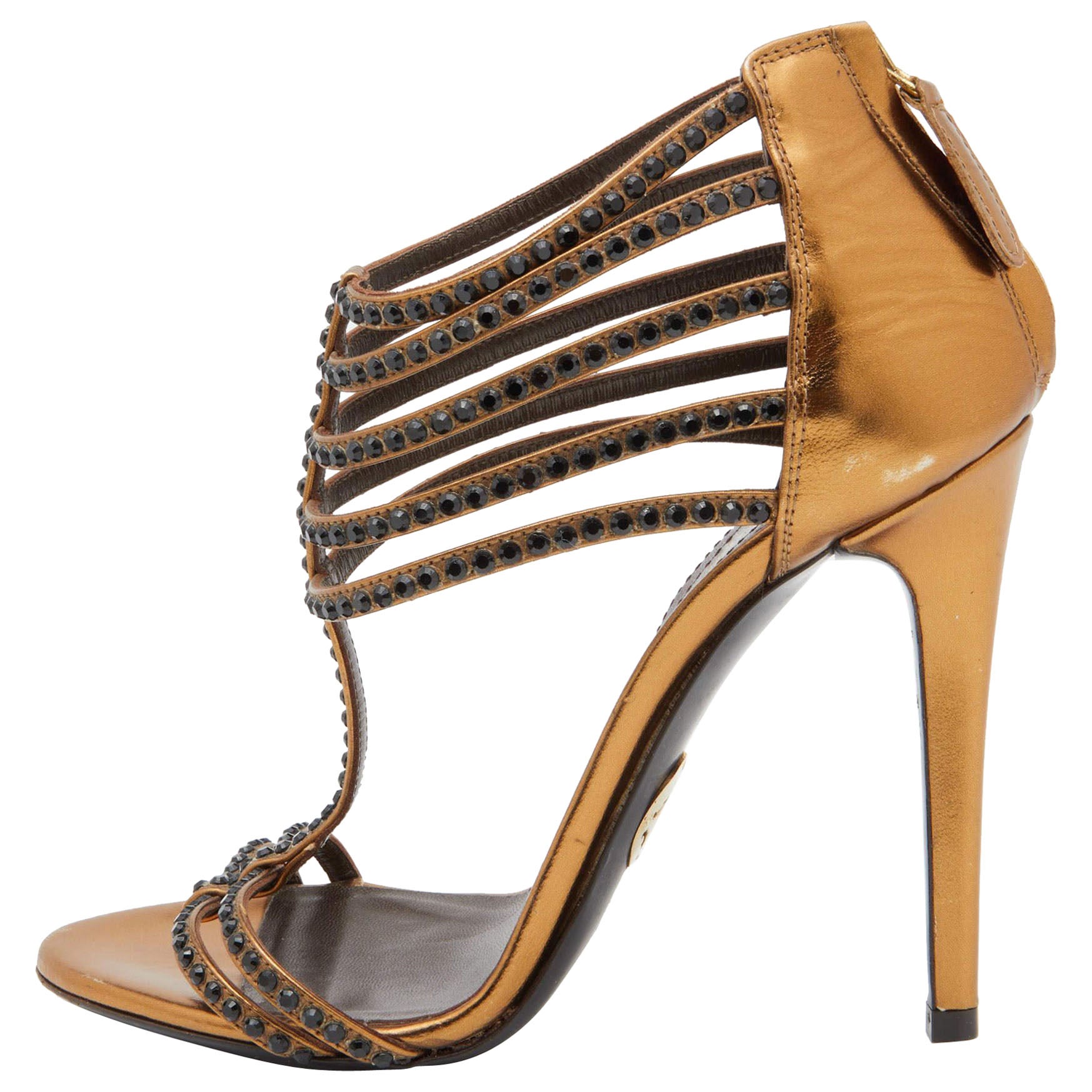 Roberto Cavalli - Sandali in pelle oro con cinturino alla caviglia misura 37 in vendita
