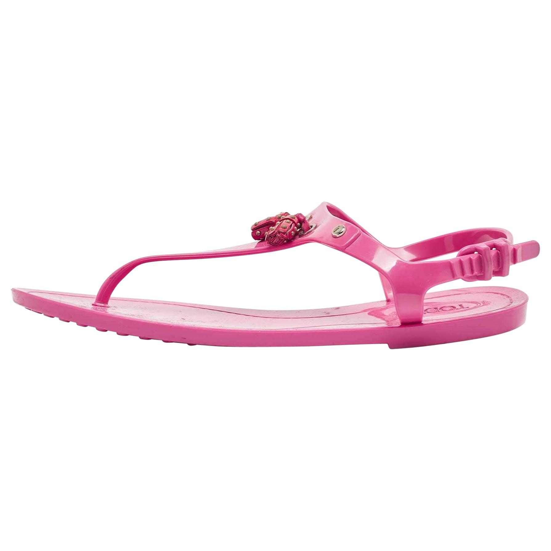 Tod's Pink Rubber Studded Tassel Thong Flat Sandals Size 38 For Sale