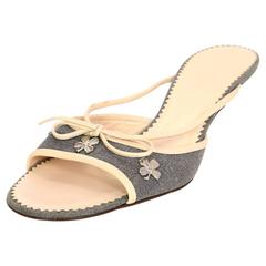 Chanel Grey & Beige Peep-Toe Kitten Heel Mules sz 36