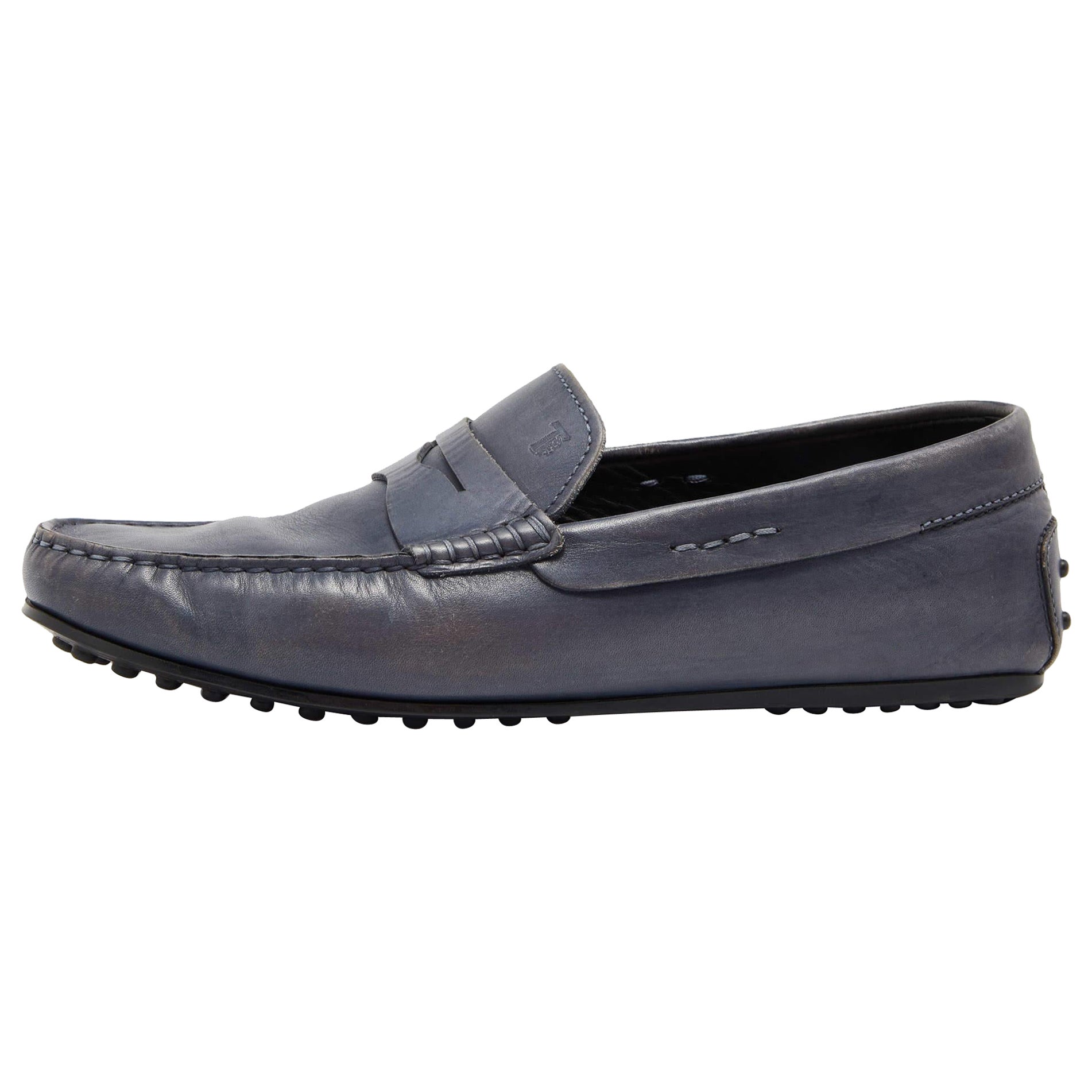 Tods Blue Leather Slip On Loafers Size 41.5 For Sale