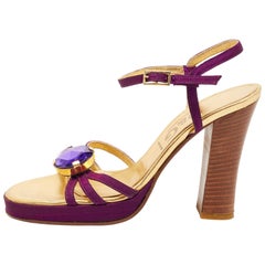 D&G Purple Leather Crystal Embellished Ankle Strap Block Heel Sandals Size 36