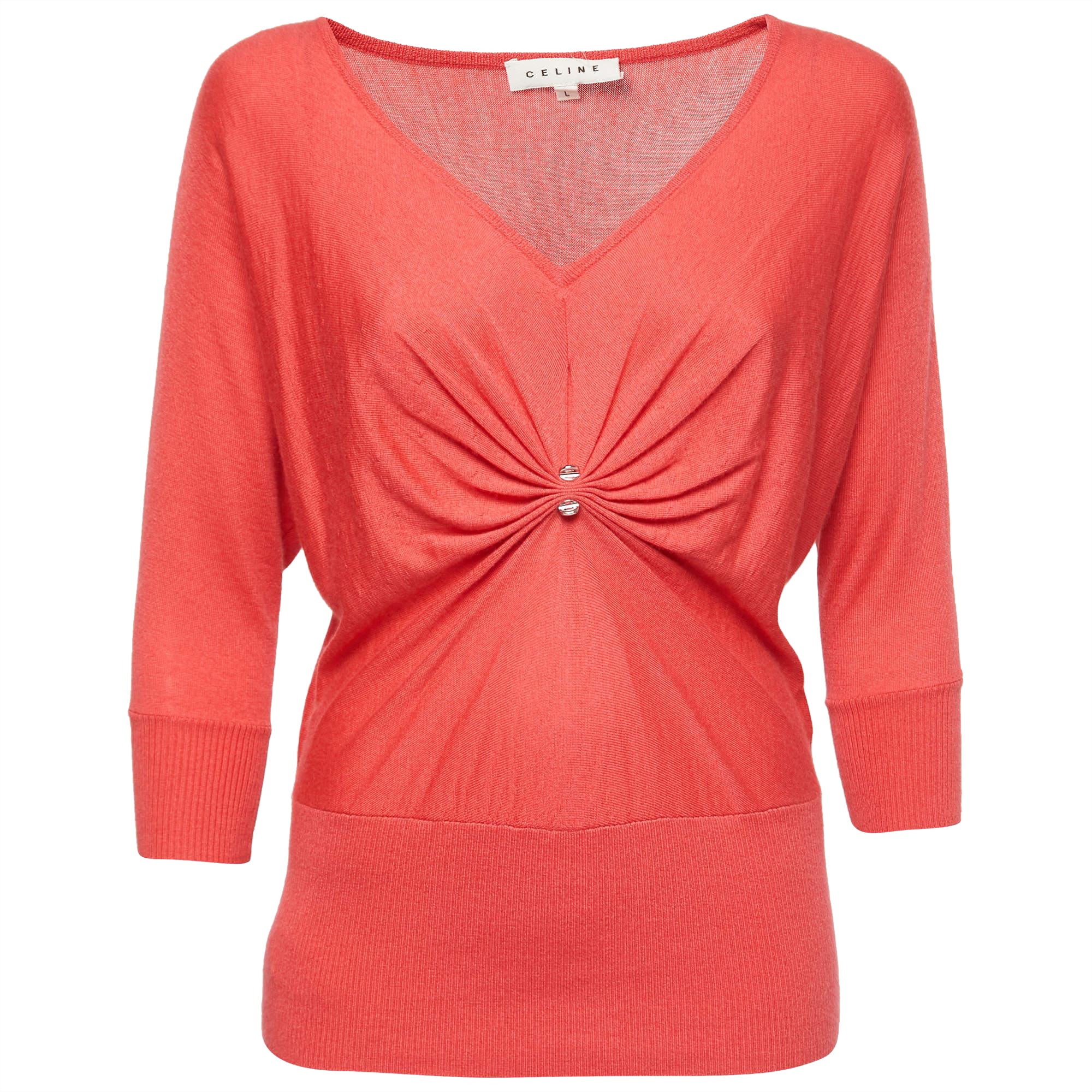 Celine - Maglietta con scollo a V in maglia di seta e cashmere rosa L.L.A.