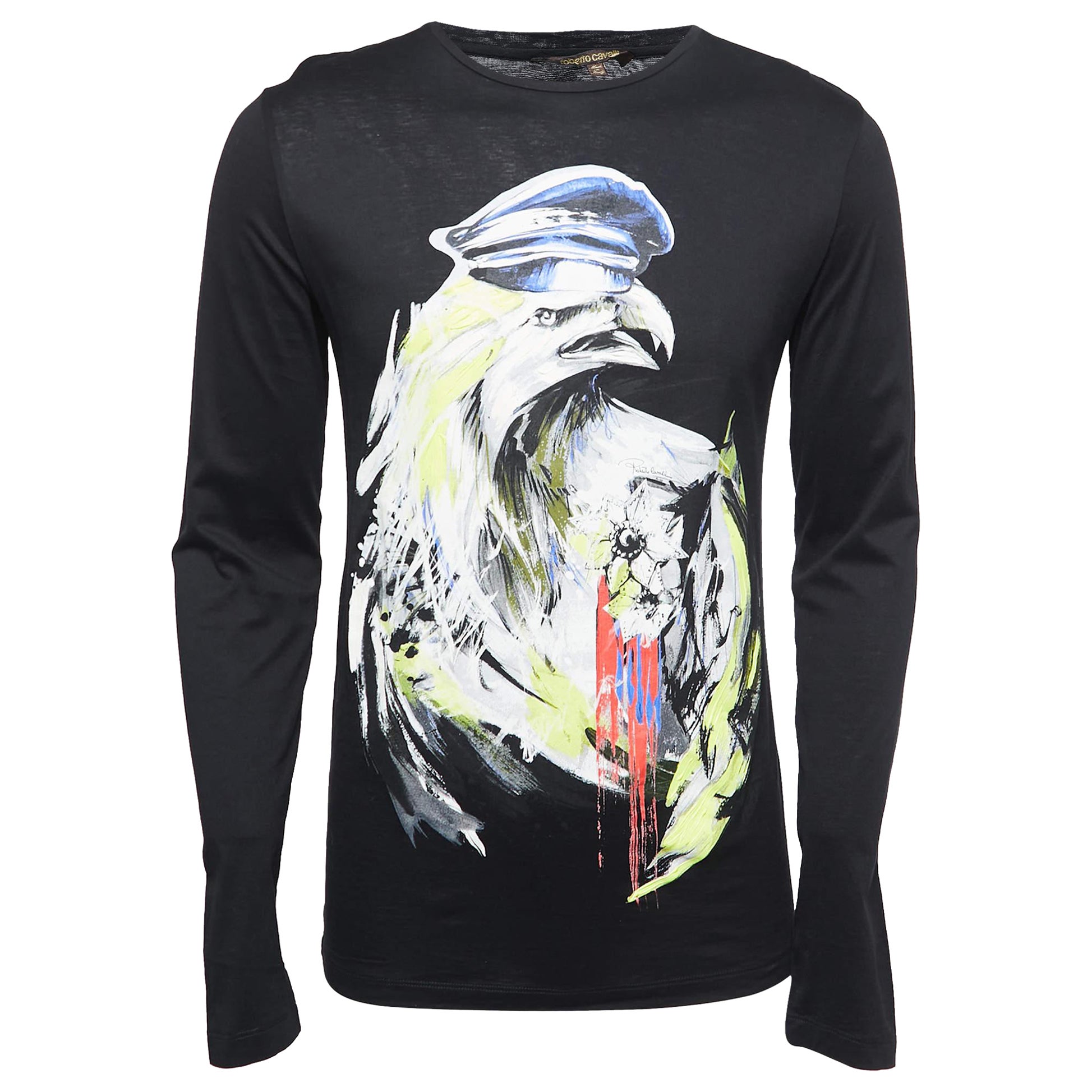 Roberto Cavalli Black Printed Cotton Full Sleeve T-Shirt S For Sale
