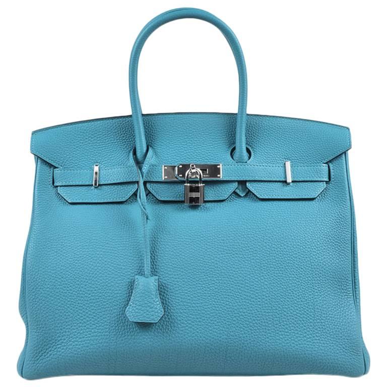 Hermes Blue Paon Togo Leather Palladium "Birkin" 35 cm Bag For Sale