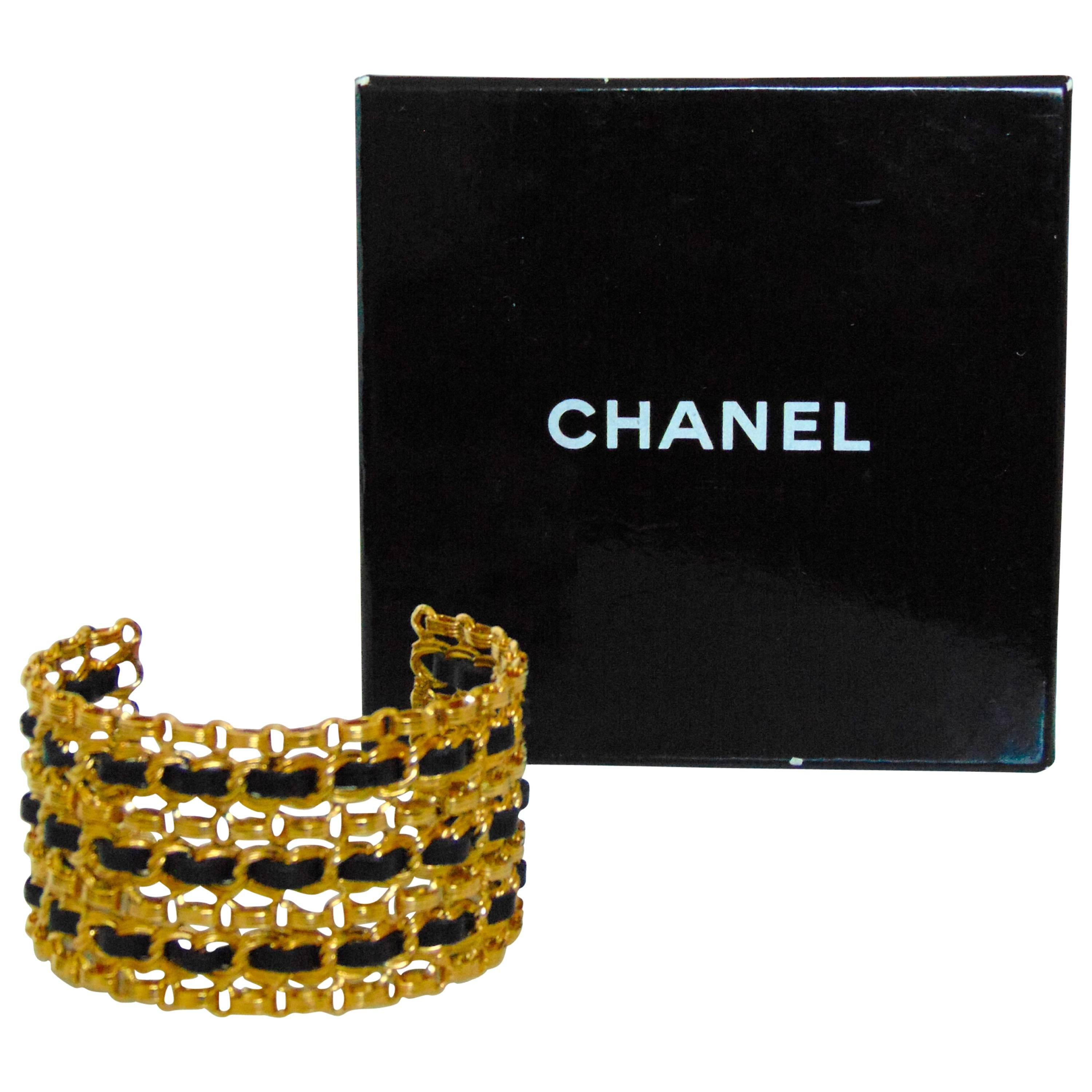Chanel Gold Chain and Black Leather Vintage Wide Cuff Bracelet, 1980s 