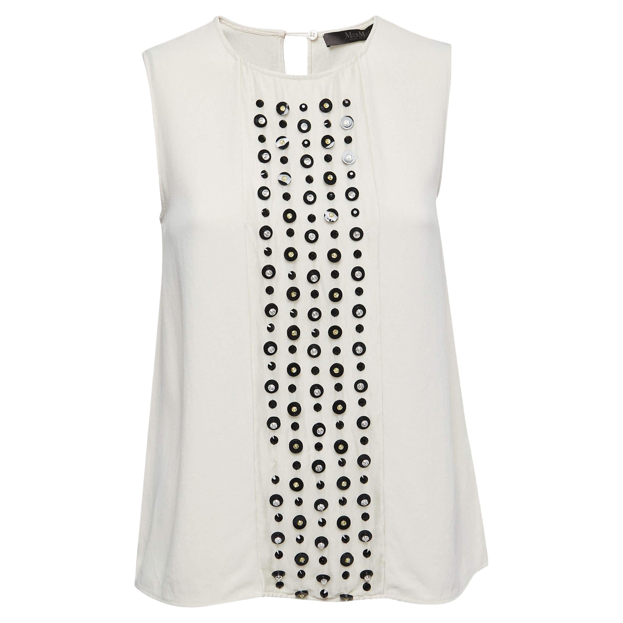 Max Mara Cream Embellished Crepe Sleeveless Top S For Sale