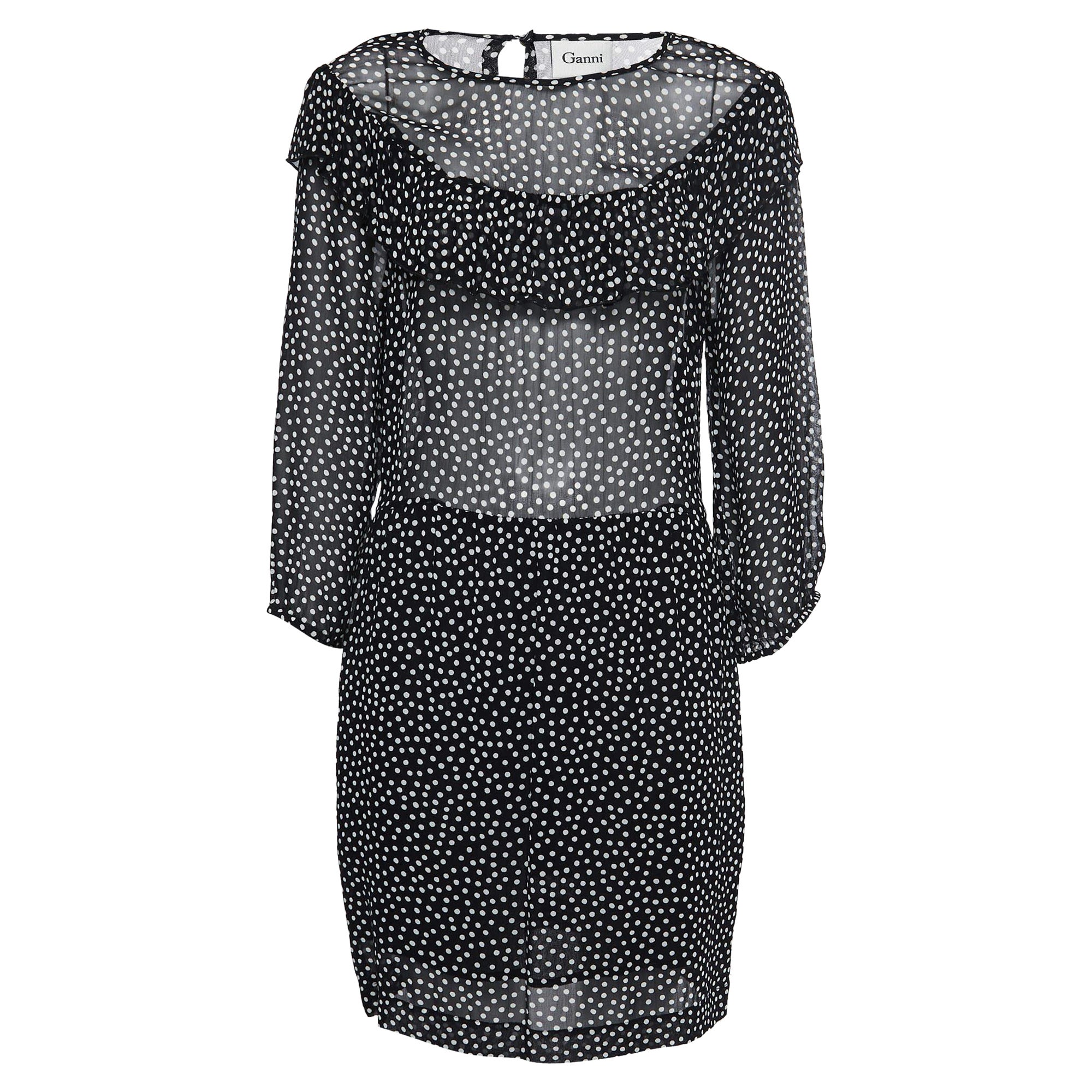 Ganni Vestido corto Belleville de crepé negro con lunares L en venta