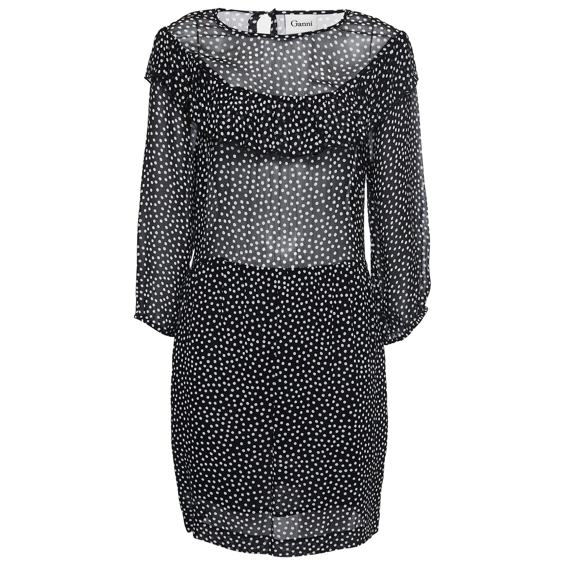 Ganni Vestido corto de crepé negro de lunares Belleville XL en venta