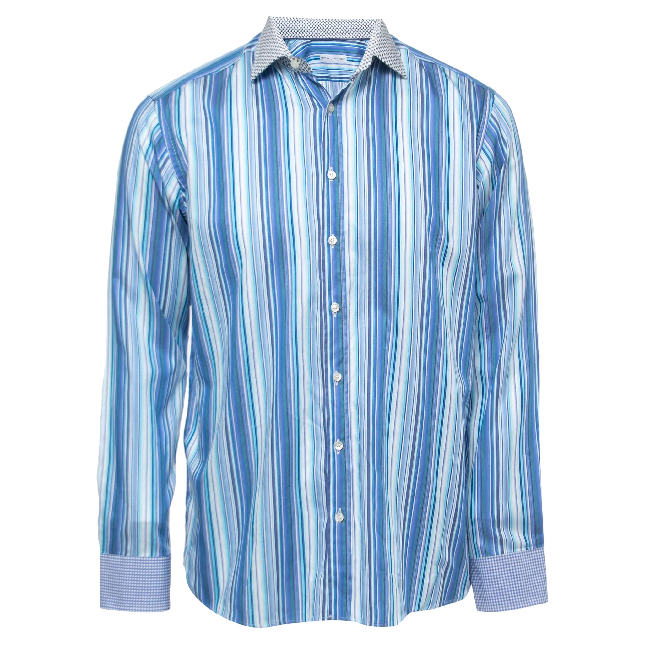 Etro Blue Striped Cotton Contrast Collar & Cuff Full Sleeve Shirt L For Sale