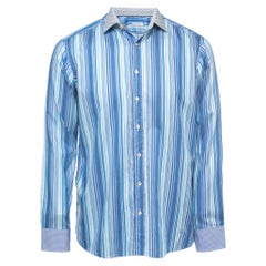 Etro - Chemise à manches longues et col et poignets contrastés en coton rayé bleu L