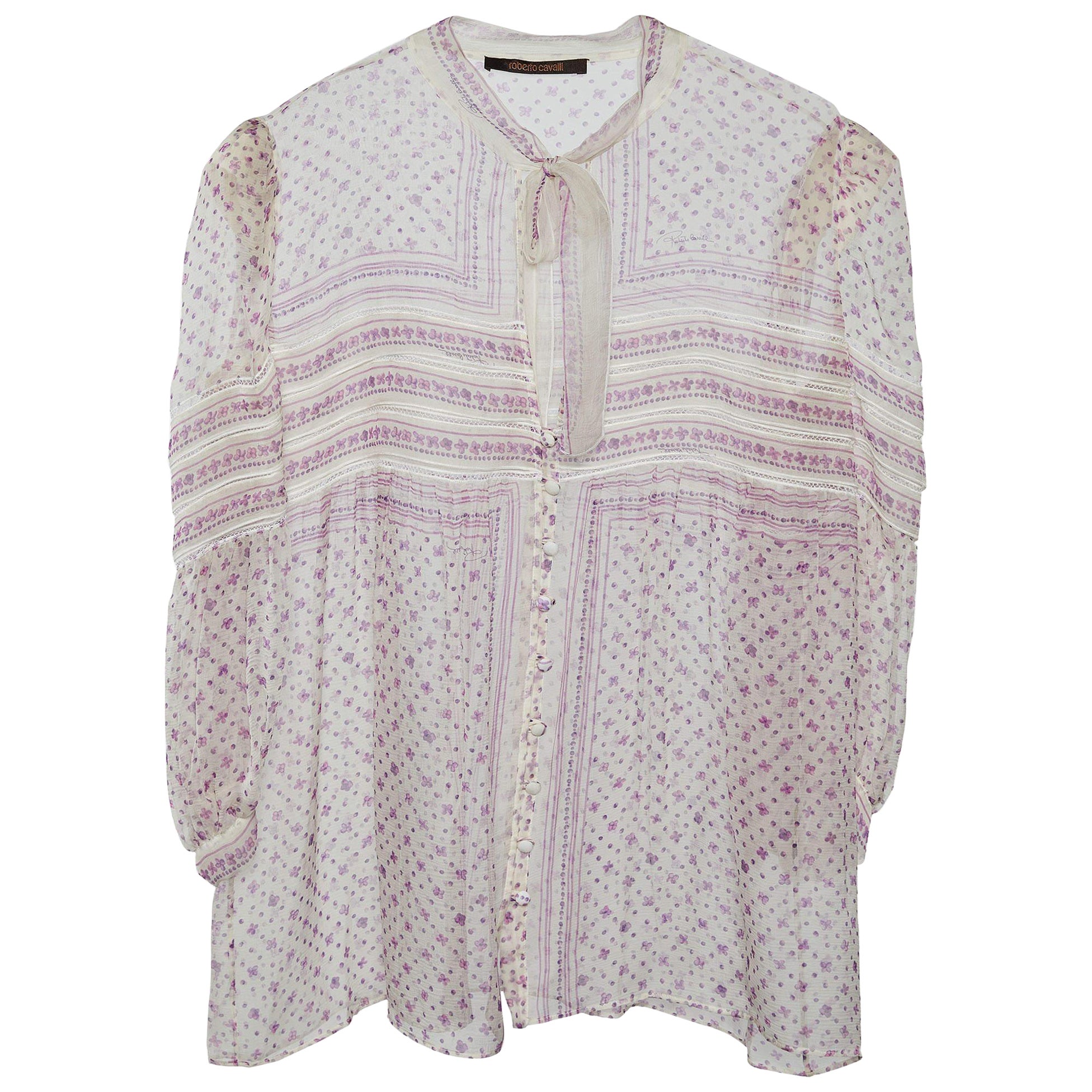 Roberto Cavalli White Floral Printed Silk Top M For Sale