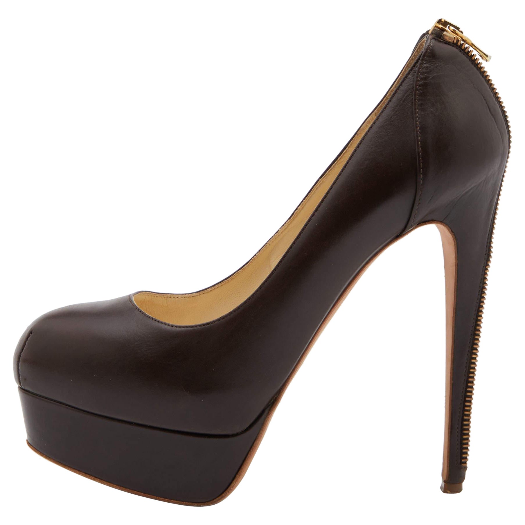 Brian Atwood Brown Leather Chain Heel Platform Pumps Size 38.5 For Sale