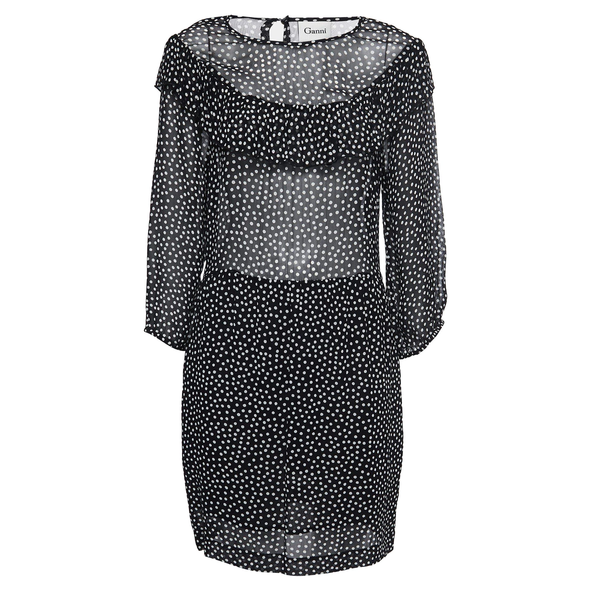Ganni Vestido corto Belleville de crepé negro con lunares L en venta