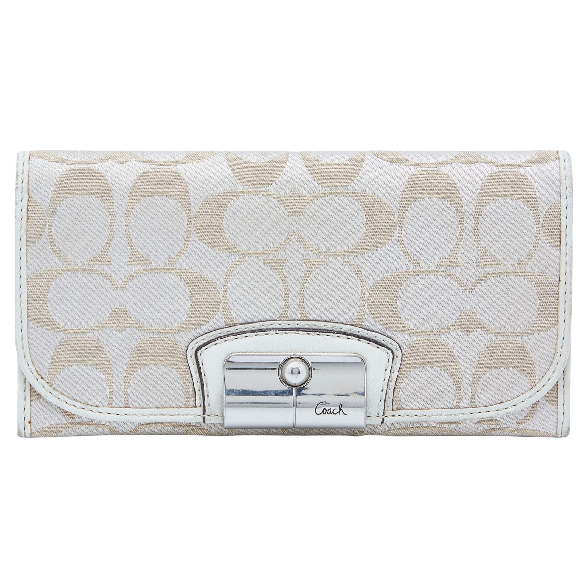 Coach Beige/White Signature Canvas and Leather Flap Continental Wallet