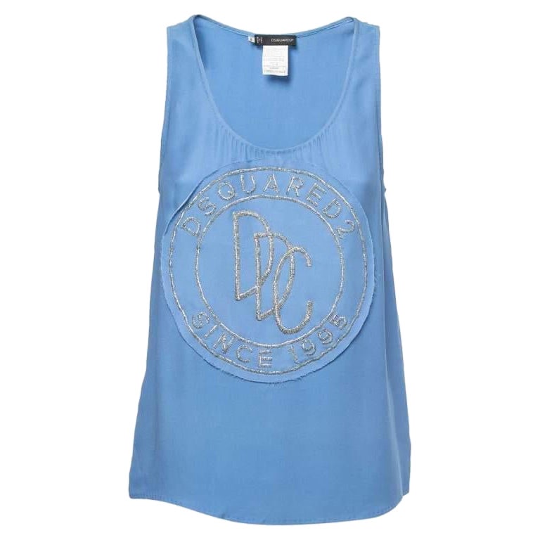 Dsquared2 Blue Logo Embellished Crepe Tank Top S For Sale