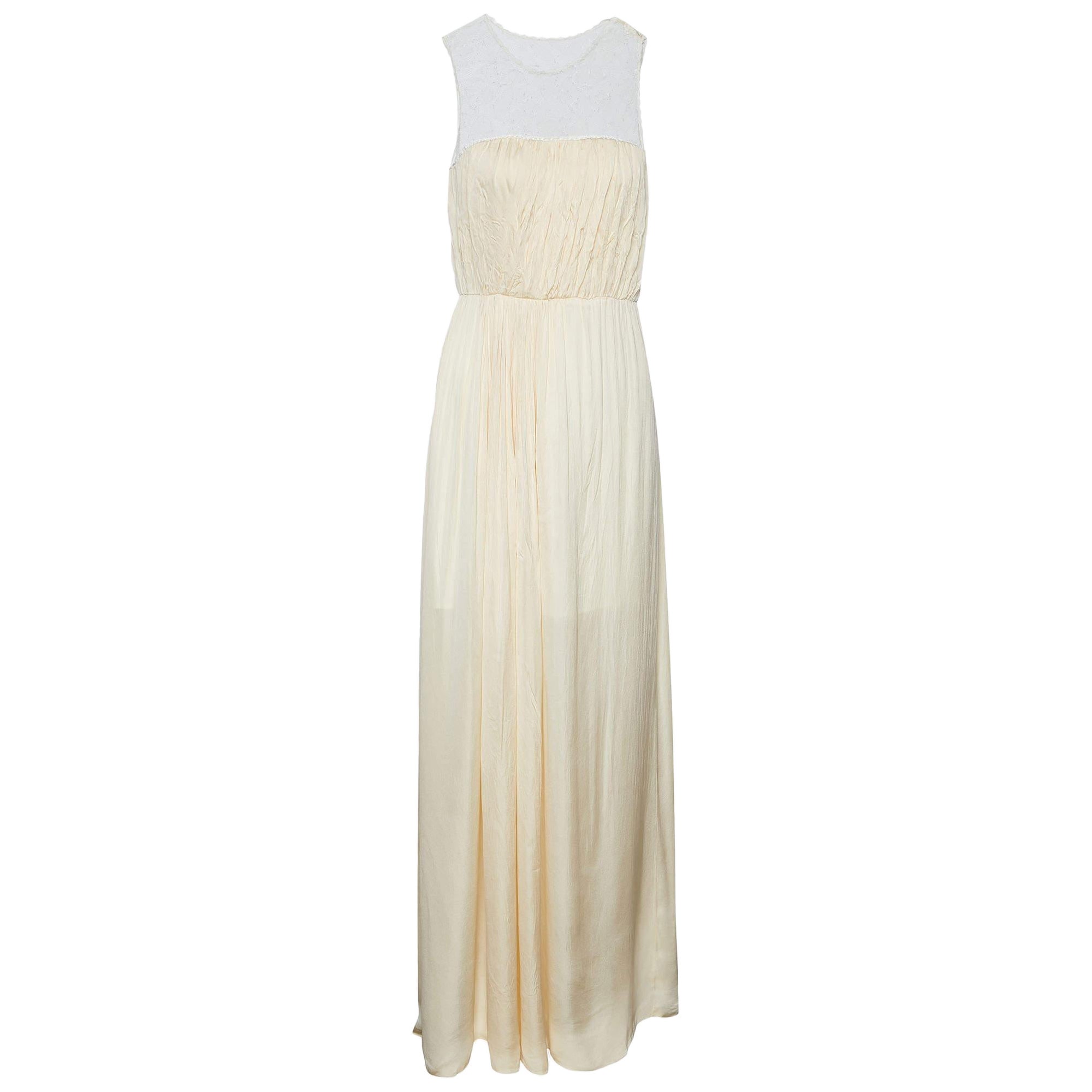 Stella McCartney - Robe longue sans manches en soie et dentelle crème M