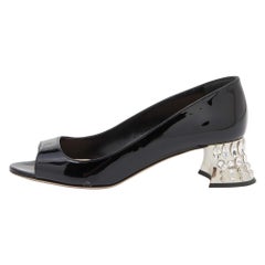 Miu Miu Patent Leather Crystal Embellished Block Heel Peep Toe Pumps Size 35.5