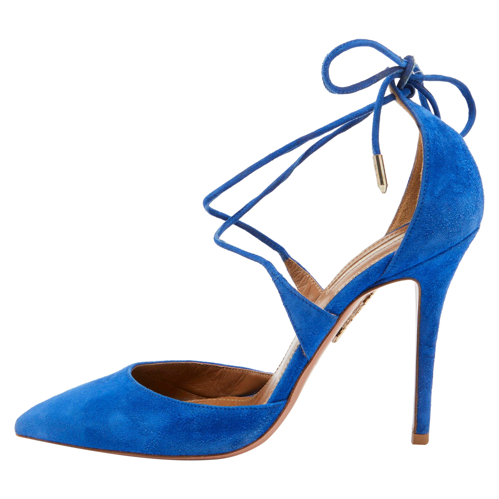 Aquazzura Blu Suede Matilde Ankle Tie Pumps Taglia 37 in vendita
