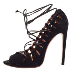 Alaia Black Suede Scallop Trim Open Toe Pumps Size 39.5