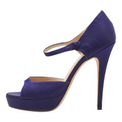 Saint Laurent Navy Blue Satin Ankle Strap Platform Open Toe Pumps Size 38.5