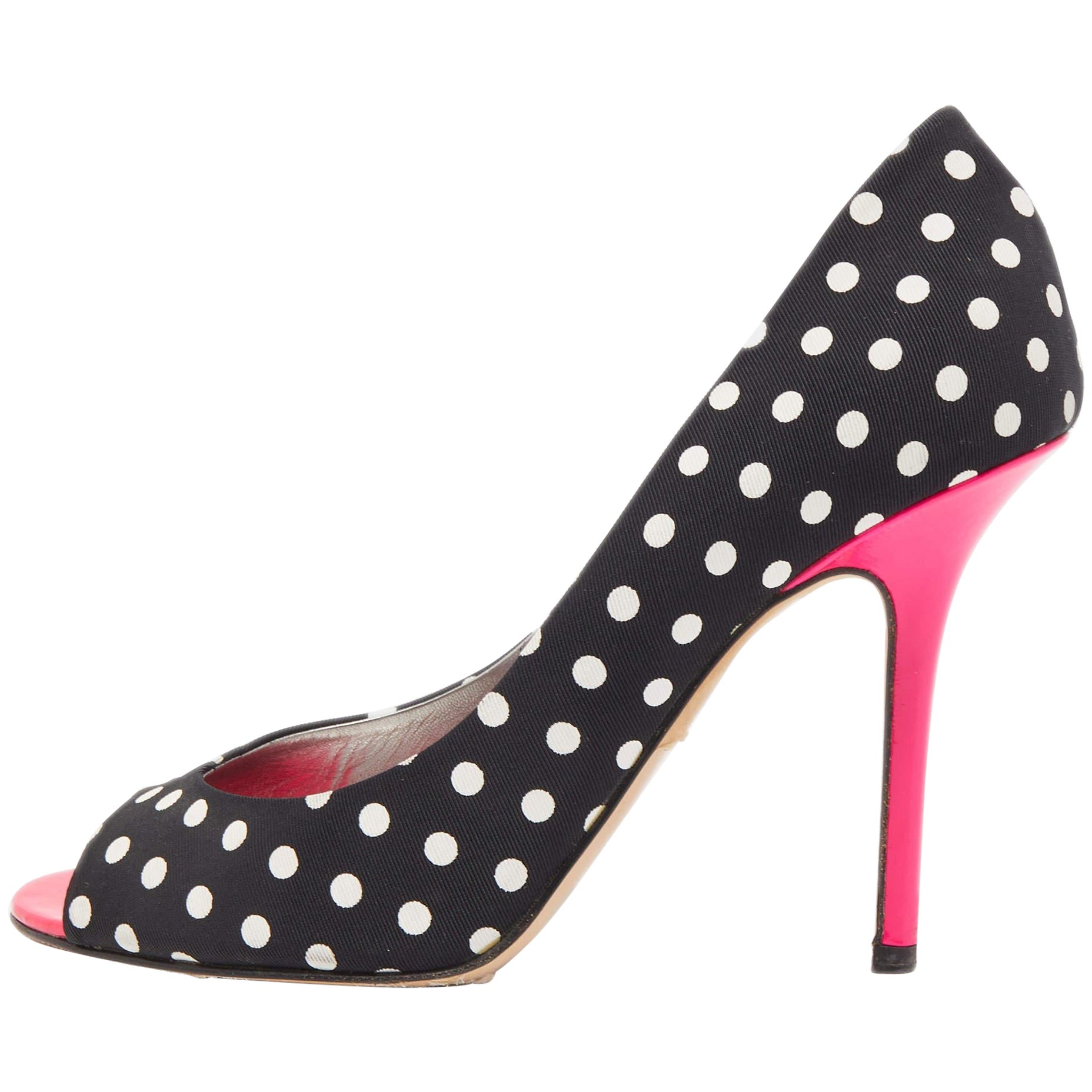 Gina Black/White Polka Dot Canvas Peep Toe Pumps Size 40 For Sale