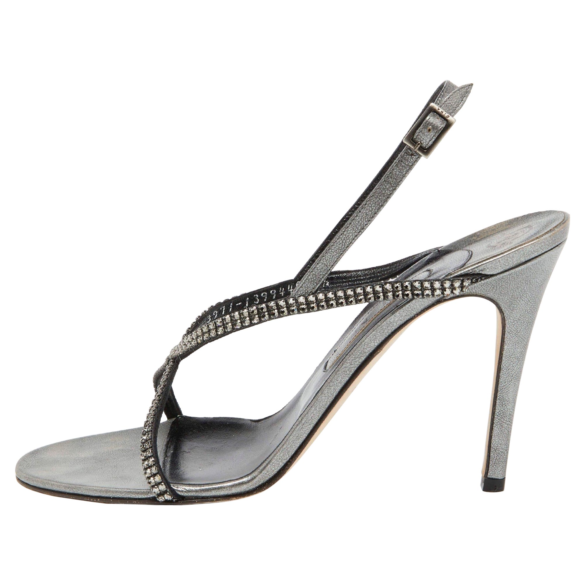 Gina Metallic Grey Leather Crystal Embellished Slingback Sandals Size 39.5 For Sale