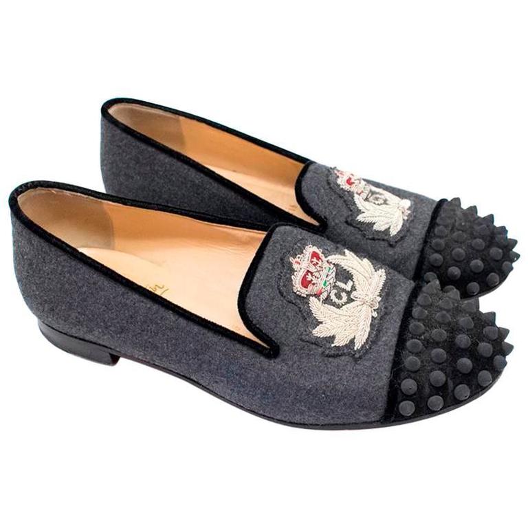 Christian Louboutin Ladies Grey Spiked Embroidered Loafers For Sale at