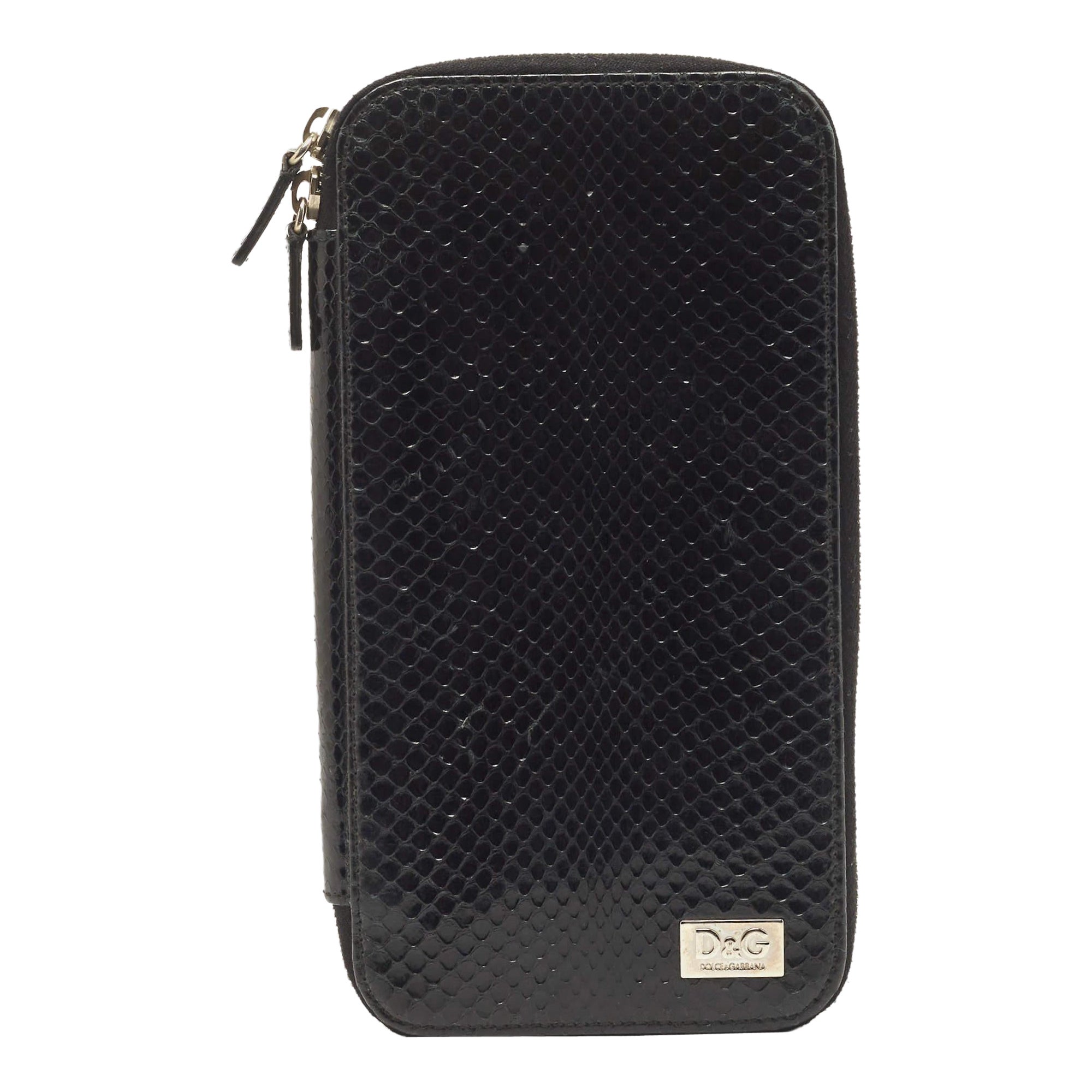 Dolce & Gabbana Black Watersnake Leather Zip Around Organizer For Sale