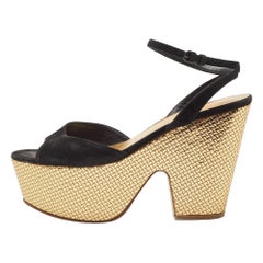 Bottega Veneta Black Suede Platform Wedge Ankle Strap Sandals Size 39.5