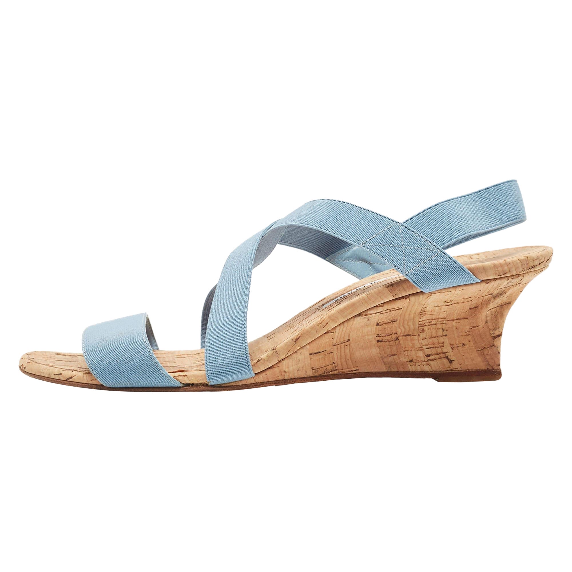 Manolo Blahnik Blue Stretch Fabric Terwe Cork Wedge Ankle Strap Sandals Size 40 For Sale