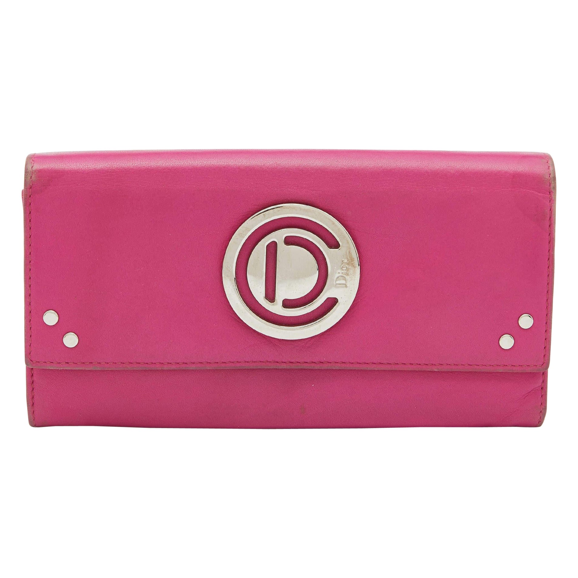 Dior Pink Leather Round Logo Flap Continental Wallet For Sale