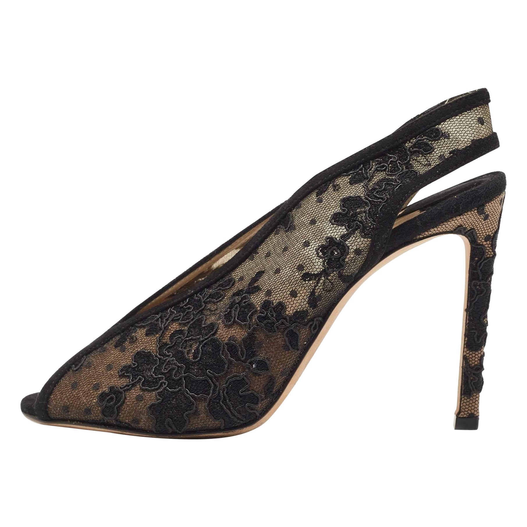 Jimmy Choo Schwarze Slingback-Sandalen aus Wildleder und bestickter Spitze mit offener Zehe Größe 36,5