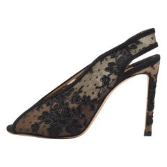 Used Jimmy Choo Black Suede and Embroidered Lace Open Toe Slingback Sandals Size 36.5