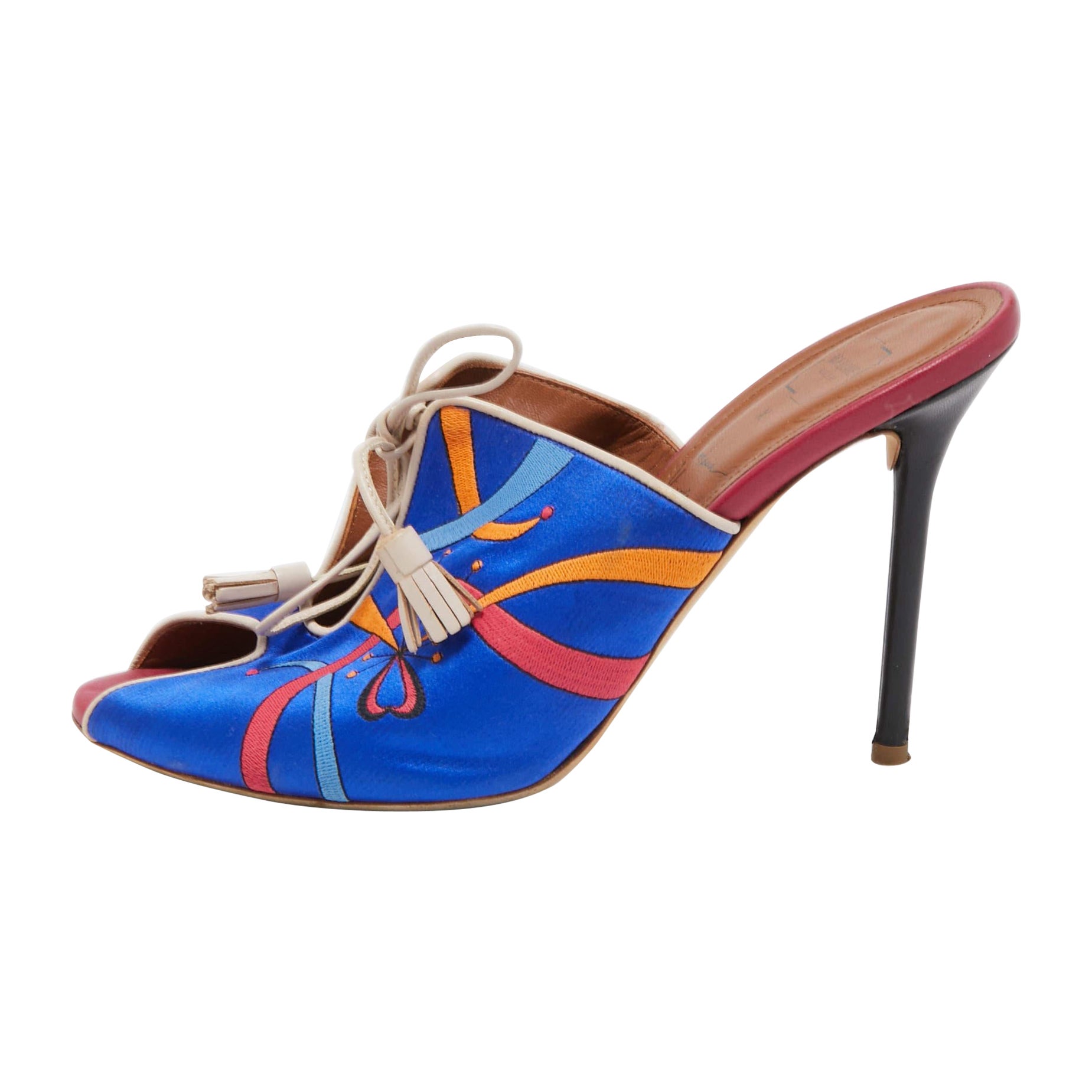 Malone Souliers Blue Embroidered Satin Peep Toe Lace Up Mules Size 40 For Sale