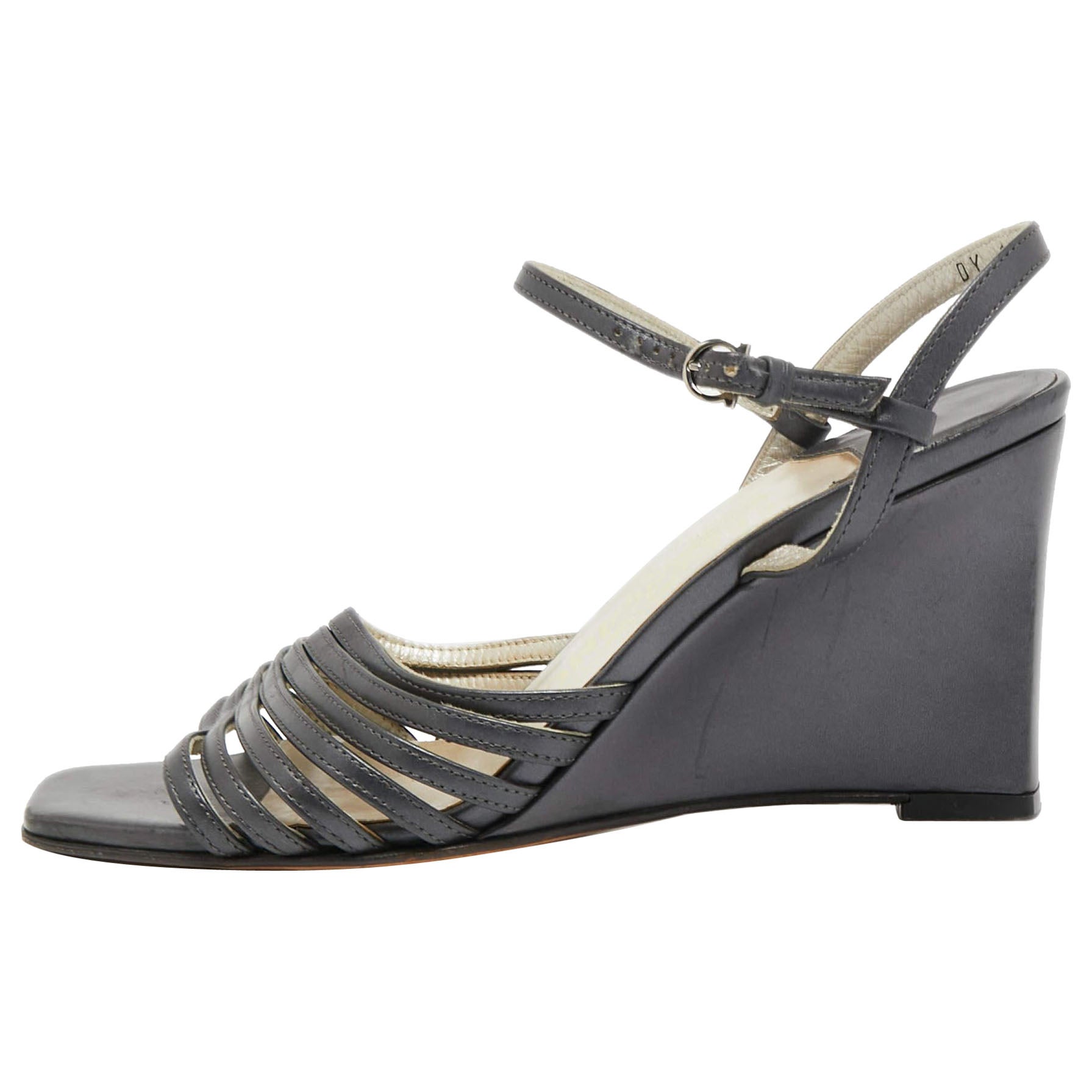 Salvatore Ferragamo Grey Leather Strappy Wedge Sandals Size 36.5 For Sale