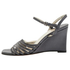 Used Salvatore Ferragamo Grey Leather Strappy Wedge Sandals Size 36.5