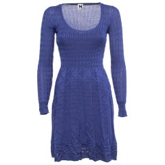 M Missoni Azul Estampado Punto Cuello Scoop Acampanado Vestido Midi S