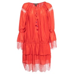 Roberto Cavalli Red Silk Long Sleeve Lace Trimmed Dress S