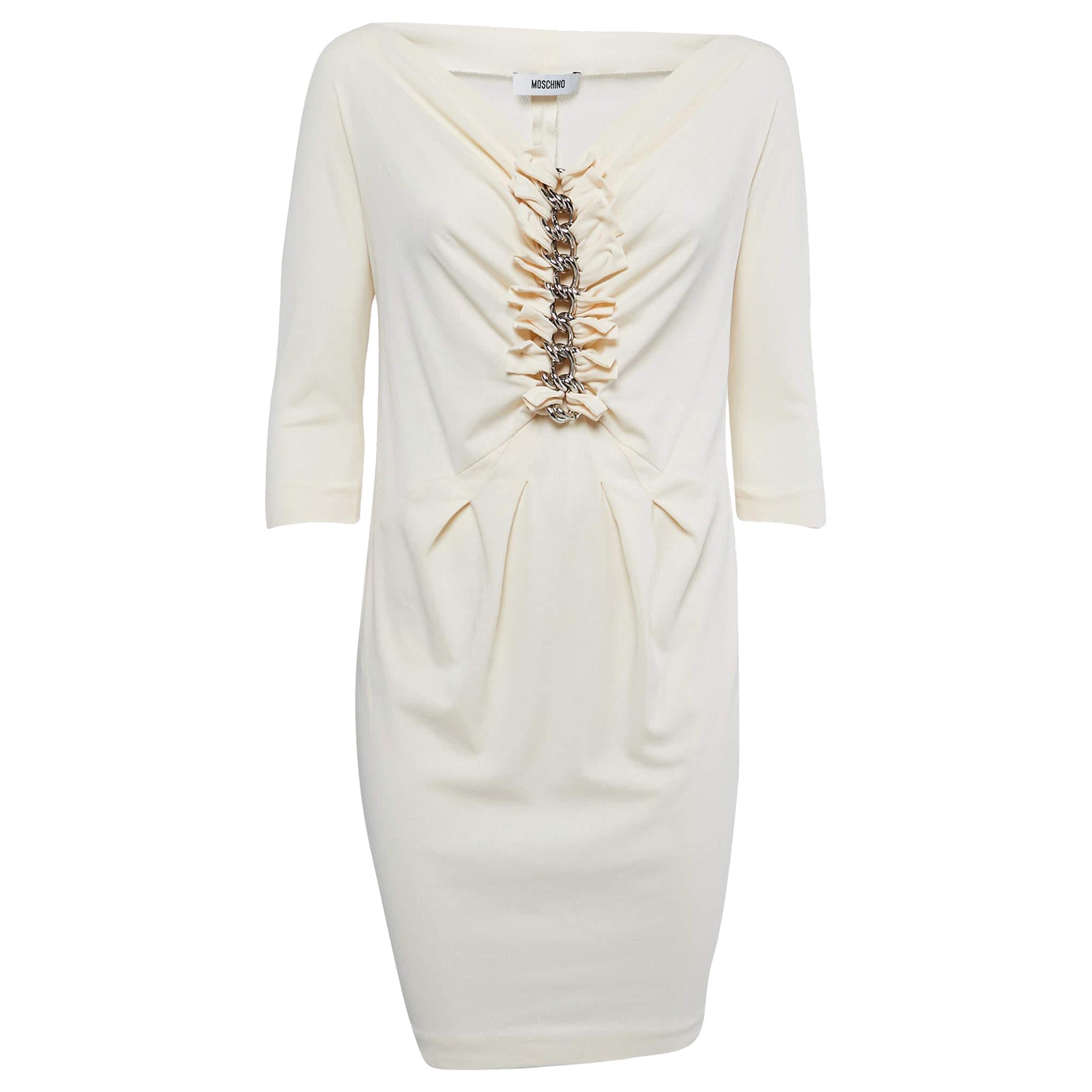 Moschino Vintage Cream Jersey Ruffled Chain Detail Midi Dress M. in vendita