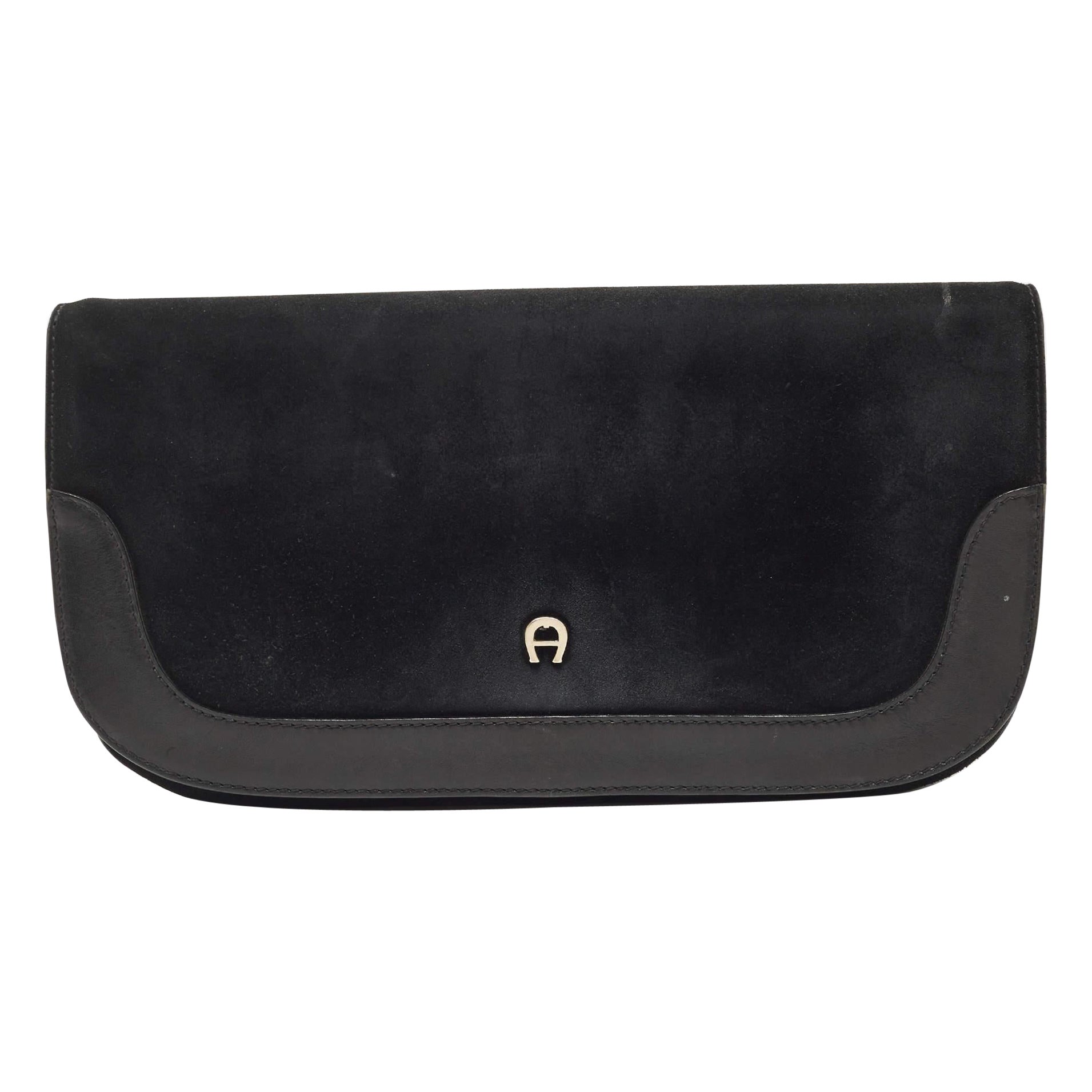 Aigner Black Suede And Leather Logo Flap Clutch For Sale