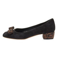 Salvatore Ferragamo Black Suede Vara Bow Studded Block Heel Pumps Size 35