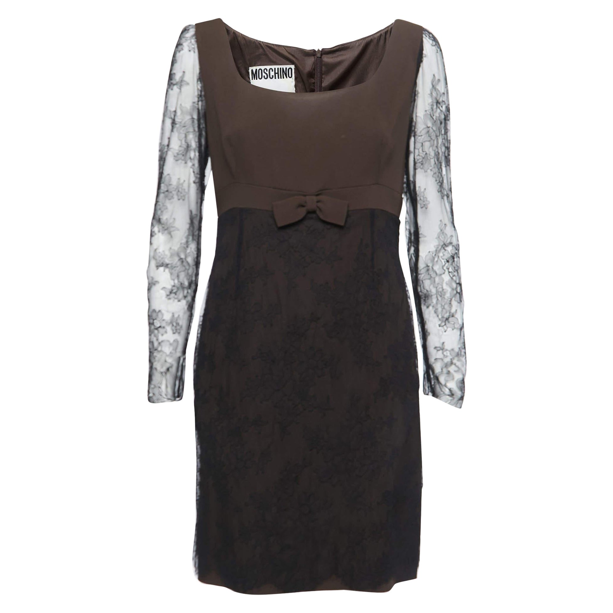 Moschino Couture Black/Brown Crepe & Lace Bow Detail Mini Dress L en vente