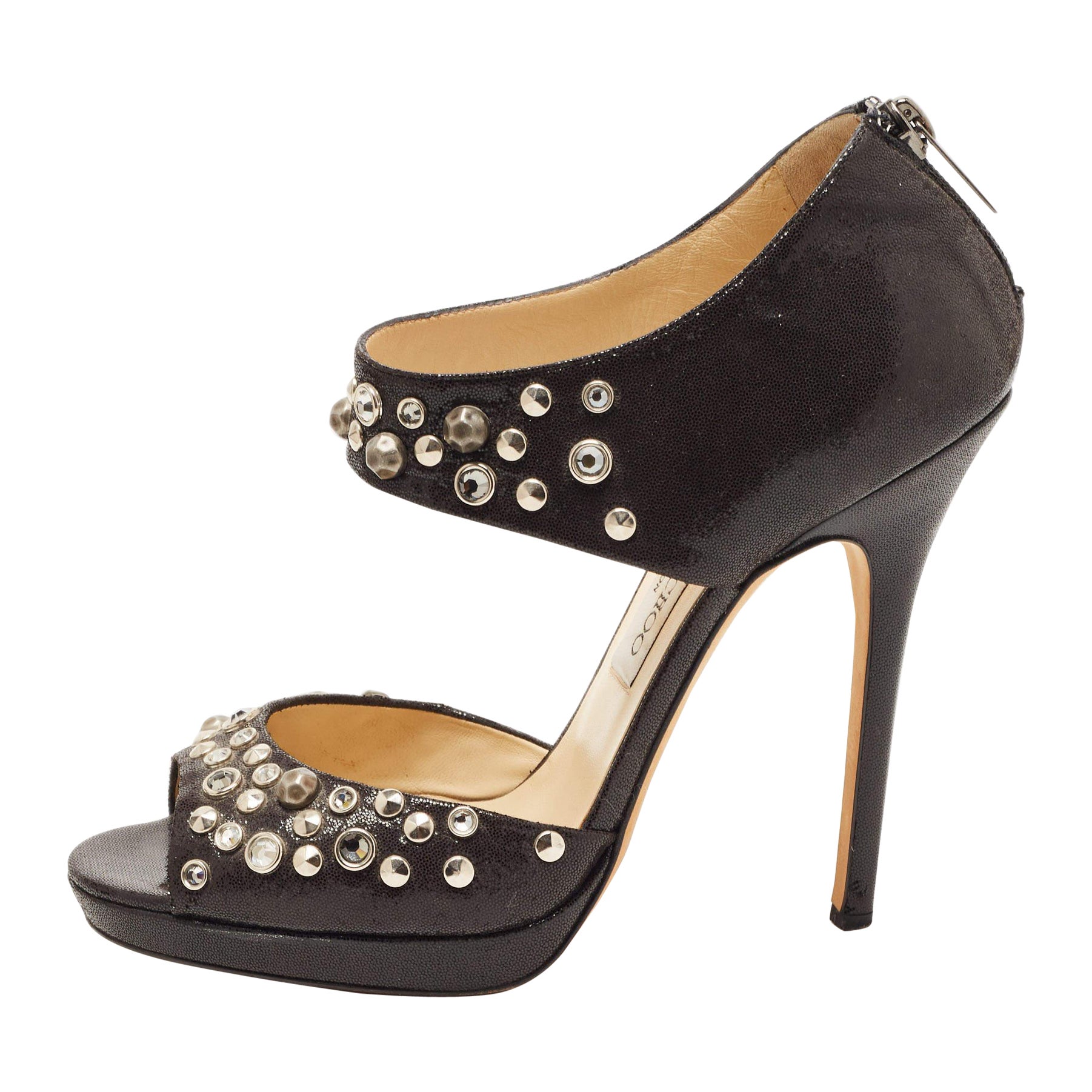 Jimmy Choo Black Studded Nubuck Leather Bonnie Back Zip Sandals Size 39 For Sale